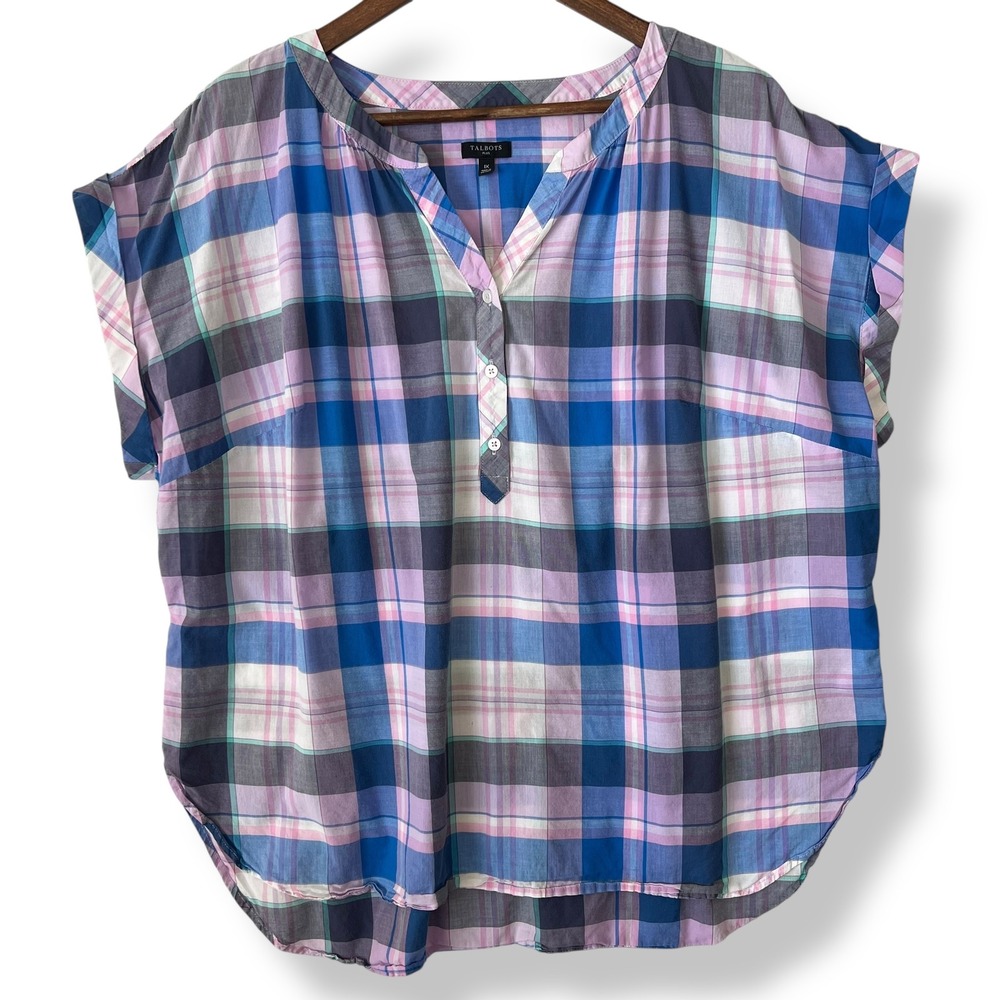 Talbots Plus 1X Blouse Plaid Blue Pink Split Neck Cap Sleeve 100% Cotton Preppy